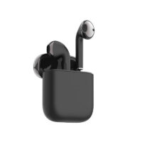 Black semi‑in‑ear TWS wireless earbuds open charging case product main view