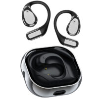 X5 Pro black OWS ear hooks with metallic‑frame charging case